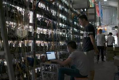A large-scale wind-powered cryptocurrency mining farm with wind turbines and rows of mining rigs